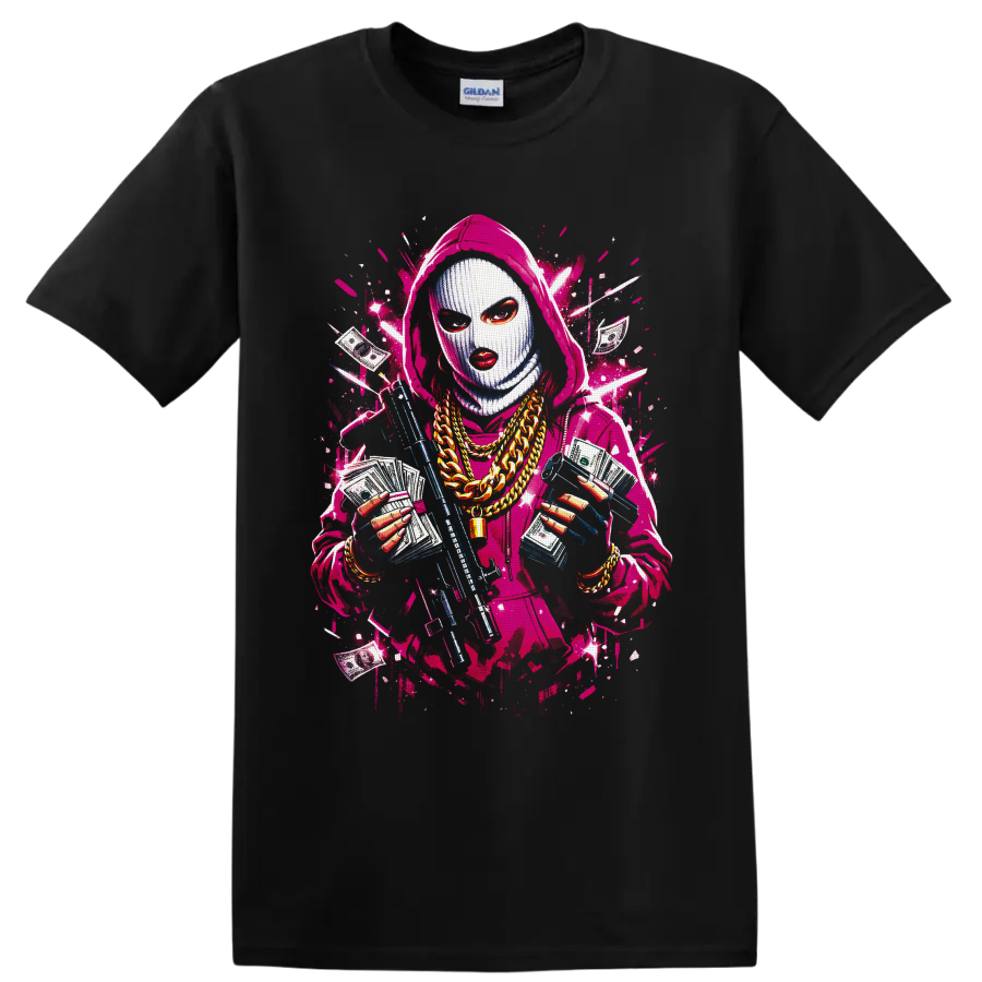 Masked hooded figure with cash, gold chains, rifle, and neon graffiti splatters on a Black T Shirt