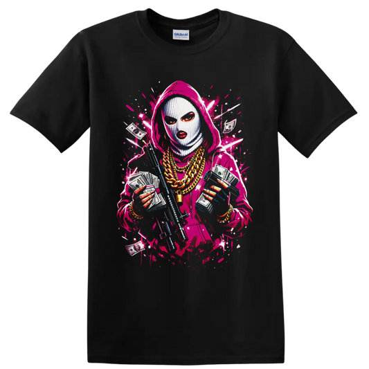 Masked hooded figure with cash, gold chains, rifle, and neon graffiti splatters on a Black T Shirt