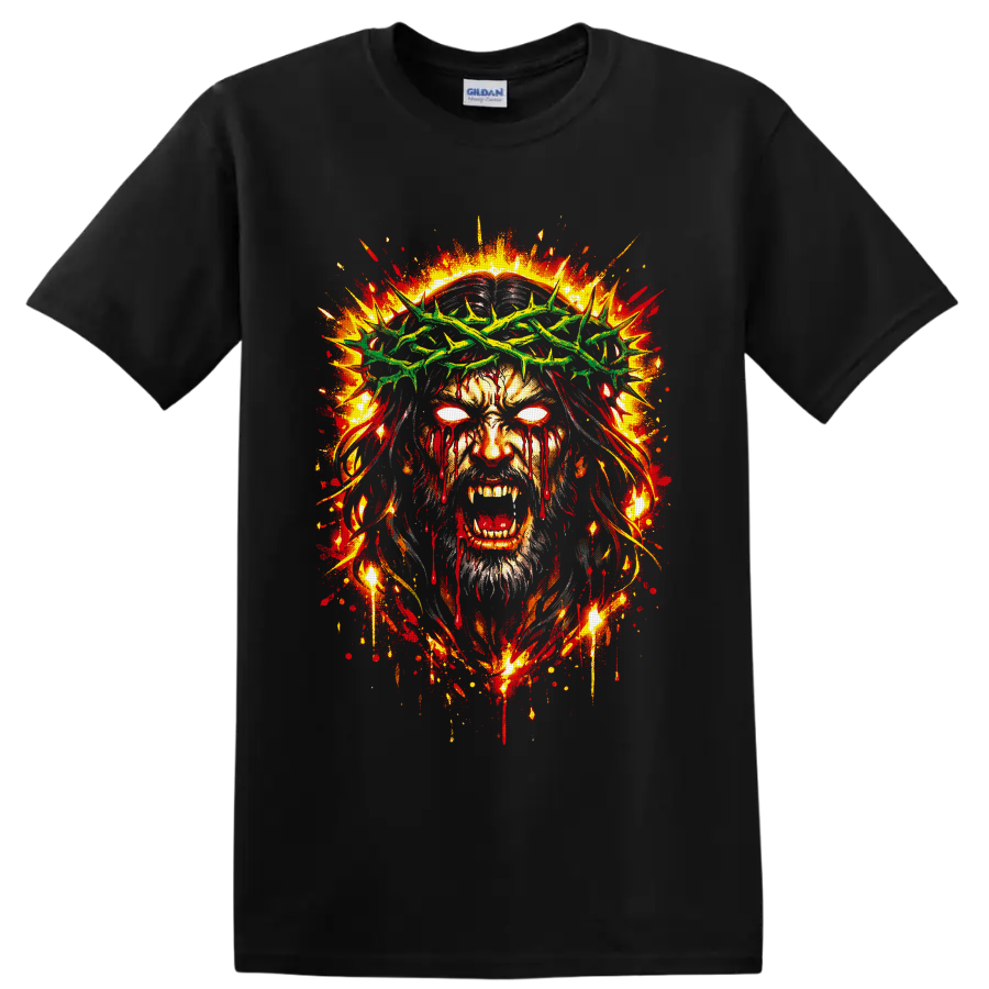 Zombie Jesus portrait with green crown of thorns, glowing eyes, and fiery gothic splatter on a Black T Shirt