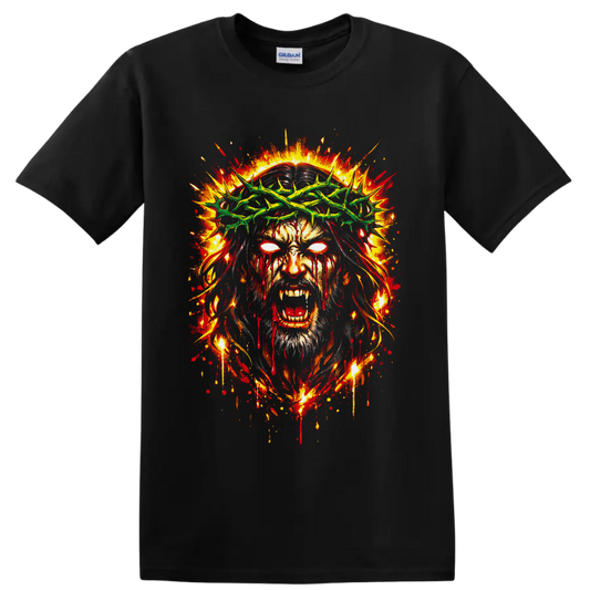 Zombie Jesus portrait with green crown of thorns, glowing eyes, and fiery gothic splatter on a Black T Shirt