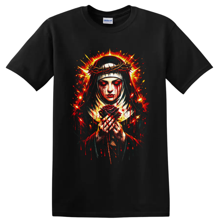 Gothic veiled woman with crown of thorns, crimson tears, red rose, and halo splatter art on a Black T Shirt
