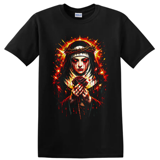 Gothic veiled woman with crown of thorns, crimson tears, red rose, and halo splatter art on a Black T Shirt