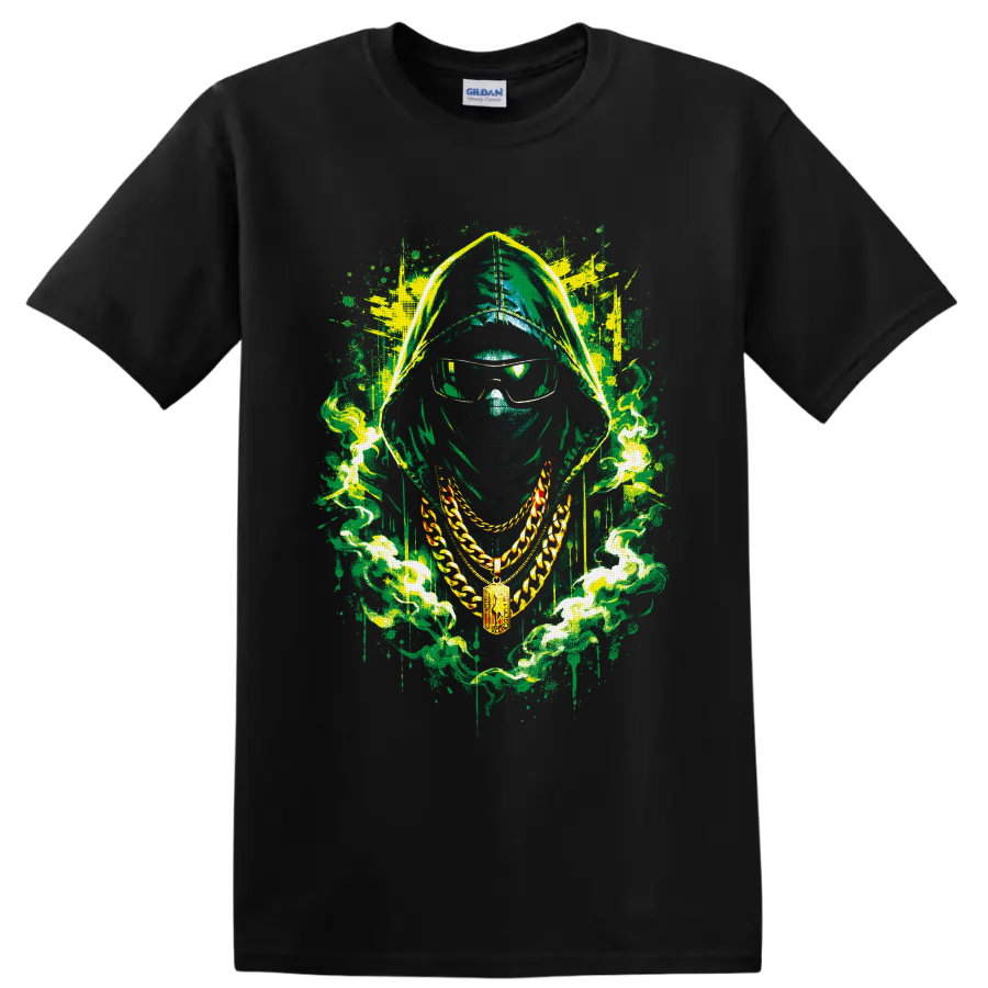 Hooded masked figure with sunglasses, gold chains, and neon graffiti smoke on a Black T Shirt