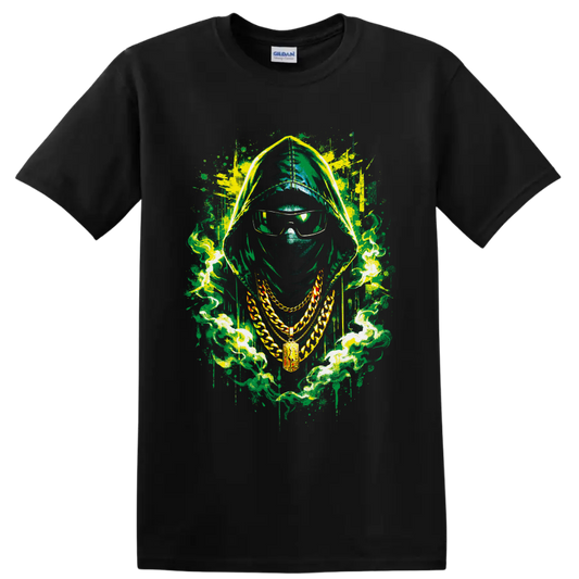 Hooded masked figure with sunglasses, gold chains, and neon graffiti smoke on a Black T Shirt