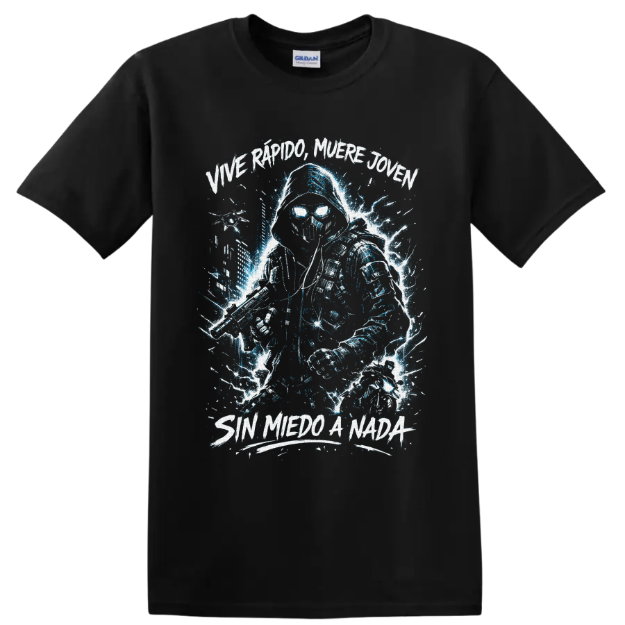 Hooded skull warrior with sword and blue lightning, Sin Miedo A Nada lettering on a Black T Shirt