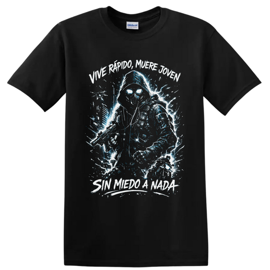 Hooded skull warrior with sword and blue lightning, Sin Miedo A Nada lettering on a Black T Shirt