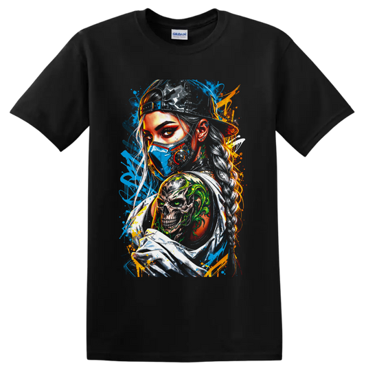 Cyberpunk masked woman portrait with blue respirator mask, skull tattoo, and neon graffiti on a Black T Shirt