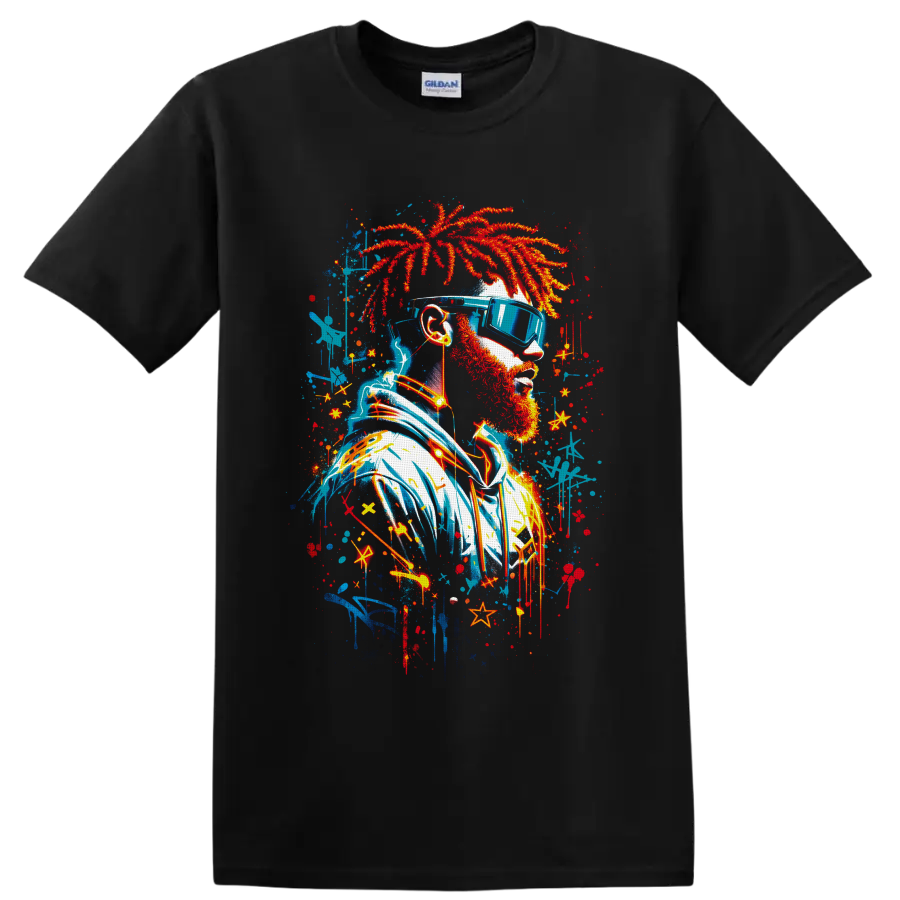 Graffiti-style bearded portrait with red dreadlocks, blue sunglasses, headphones, and on a Black T Shirt