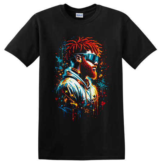 Graffiti-style bearded portrait with red dreadlocks, blue sunglasses, headphones, and on a Black T Shirt