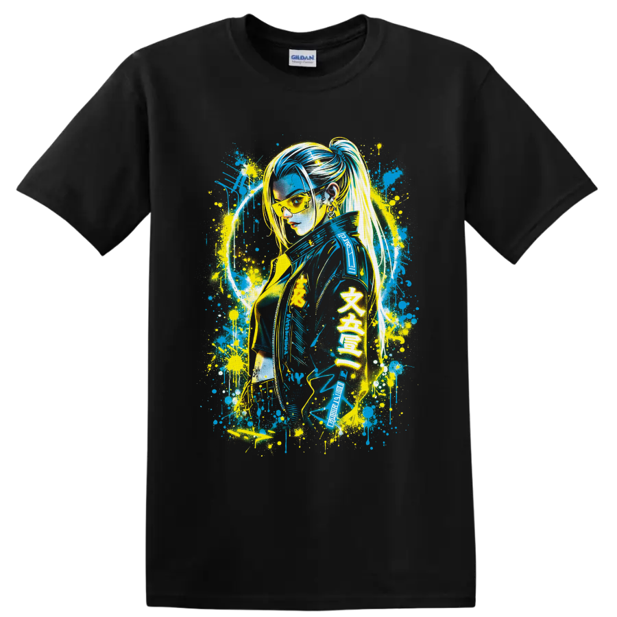 Female V cyberpunk graffiti portrait with neon splatter art on a Black T Shirt