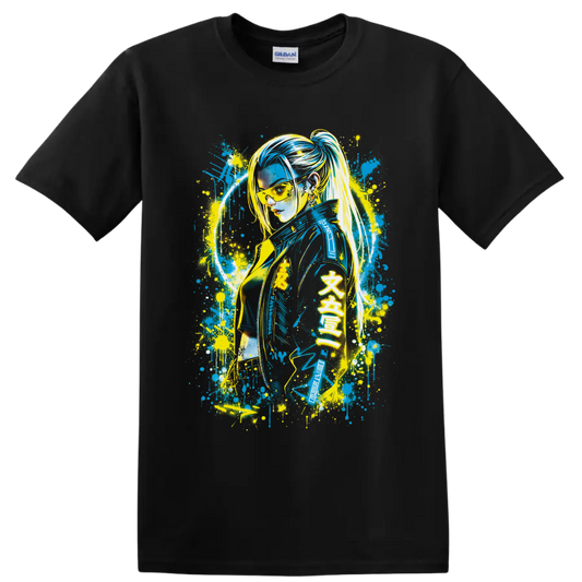 Female V cyberpunk graffiti portrait with neon splatter art on a Black T Shirt