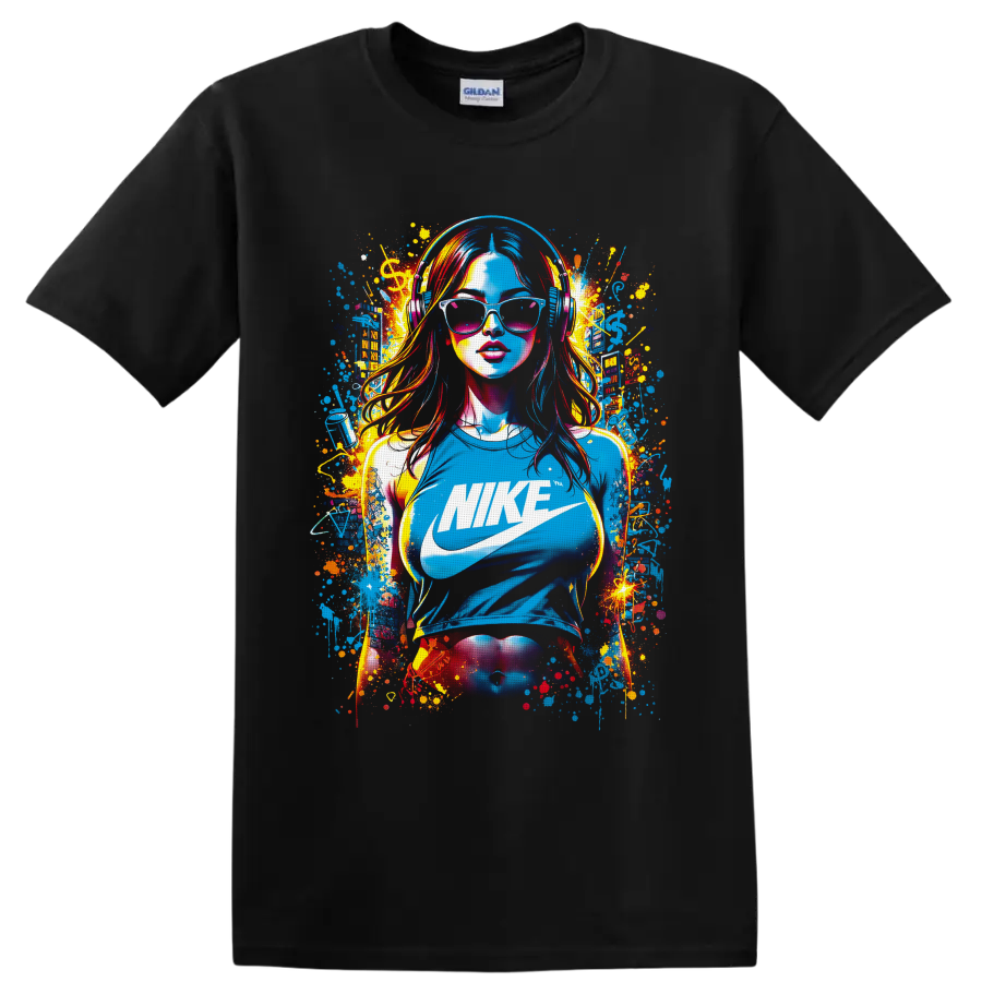Nike logo pop-art woman in headphones and sunglasses with colorful graffiti splatters on a Black T Shirt