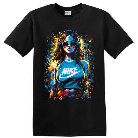 Nike logo pop-art woman in headphones and sunglasses with colorful graffiti splatters on a Black T Shirt