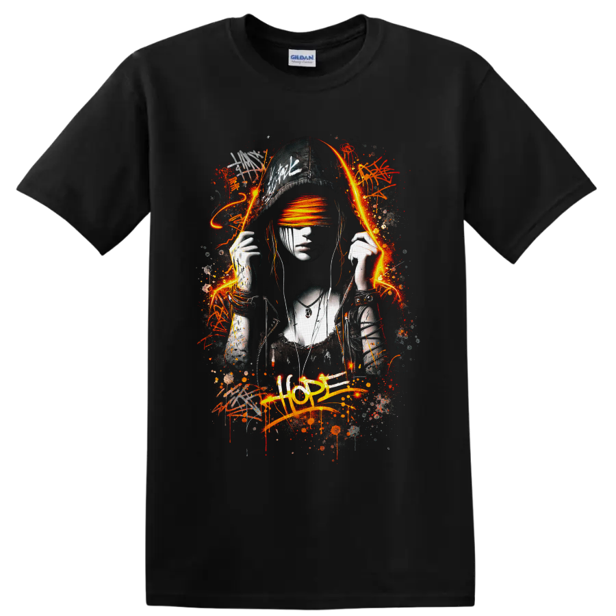 Graffiti-style woman in cap with orange blindfold, paint splatters, and HOPE text on a Black T Shirt