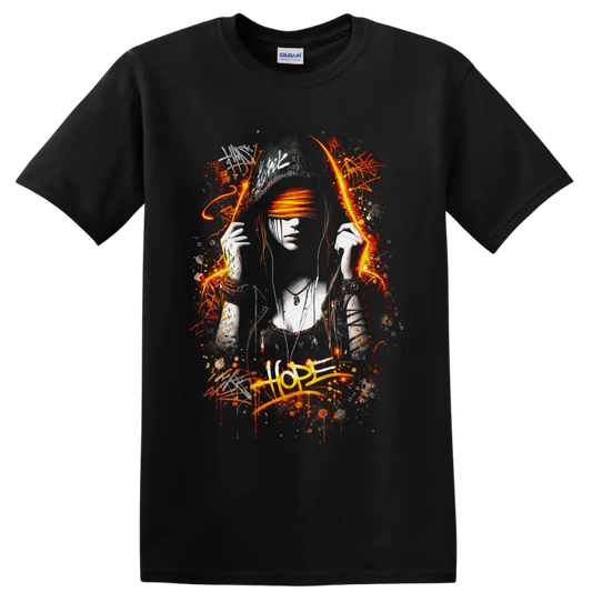 Graffiti-style woman in cap with orange blindfold, paint splatters, and HOPE text on a Black T Shirt