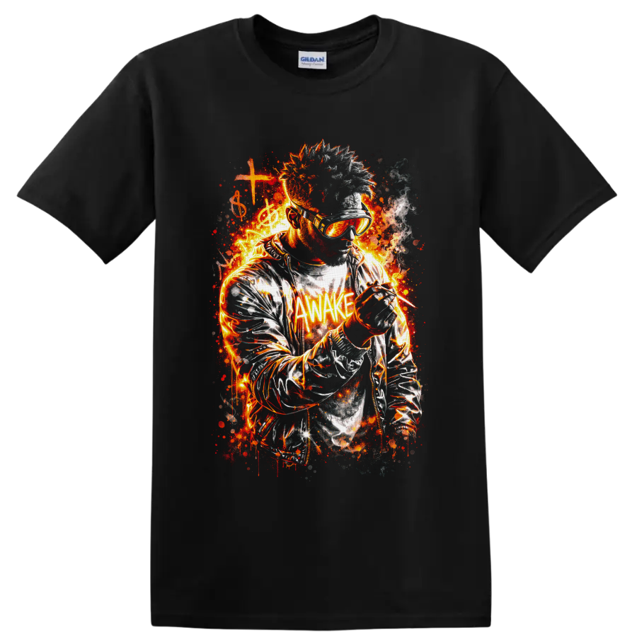 Fiery goggle-wearing musician with microphone, cross, treble clef, and AWAKE text on a Black T Shirt