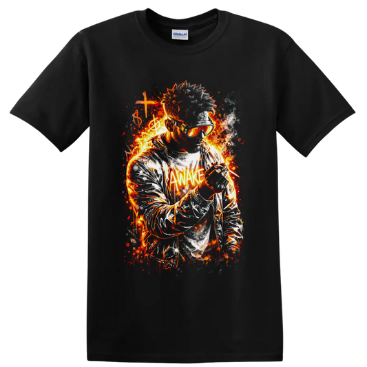 Fiery goggle-wearing musician with microphone, cross, treble clef, and AWAKE text on a Black T Shirt