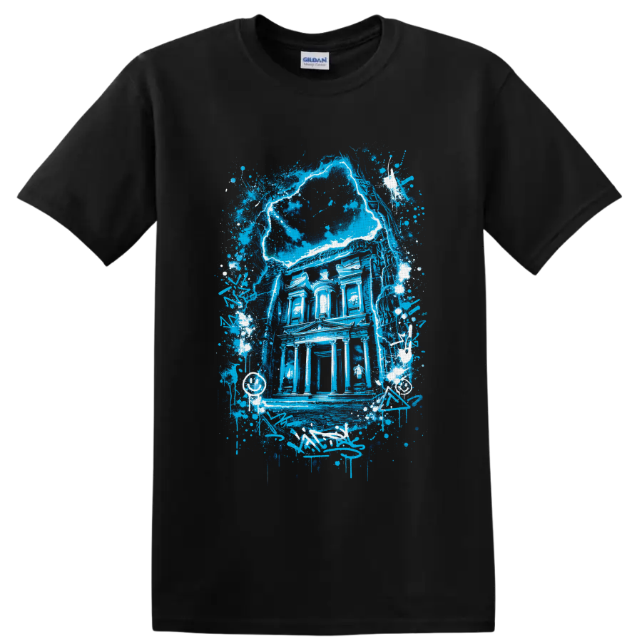 Electric-blue Gothic mansion with cracked moon, paint splatters, and graffiti accents on a Black T Shirt
