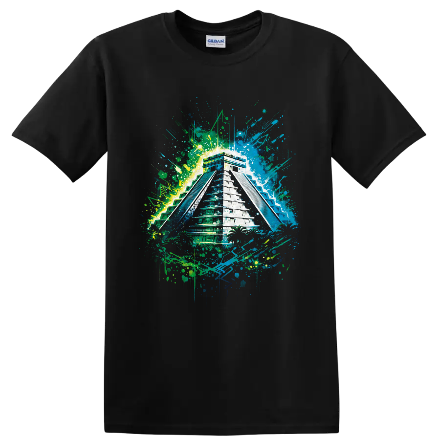 Mayan-inspired stepped pyramid in neon tropical graffiti paint splatter art on a Black T Shirt