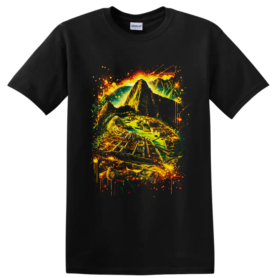 Neon-style Machu Picchu Inca citadel and Andes mountain graffiti artwork on a Black T Shirt
