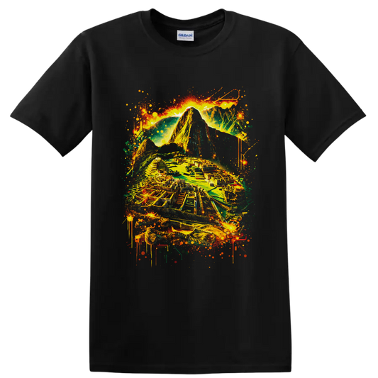 Neon-style Machu Picchu Inca citadel and Andes mountain graffiti artwork on a Black T Shirt