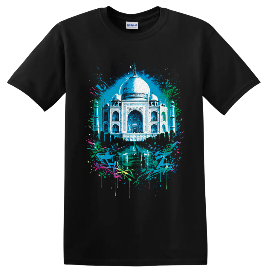 Taj Mahal watercolor illustration with minarets, reflecting pool, foliage, and paint on a Black T Shirt