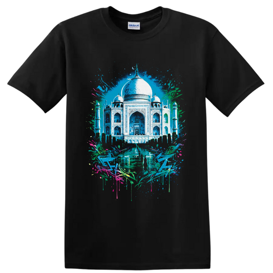 Taj Mahal watercolor illustration with minarets, reflecting pool, foliage, and paint on a Black T Shirt