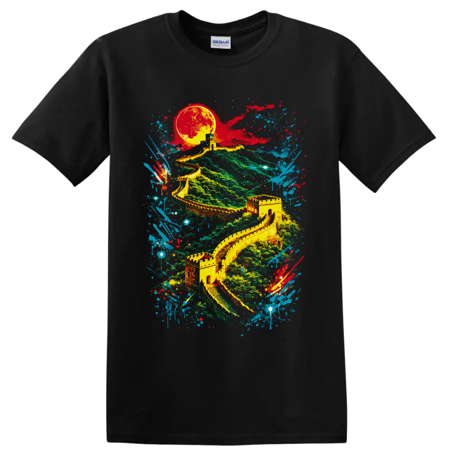 Great Wall of China landscape with glowing moon and colorful graffiti paint splashes on a Black T Shirt