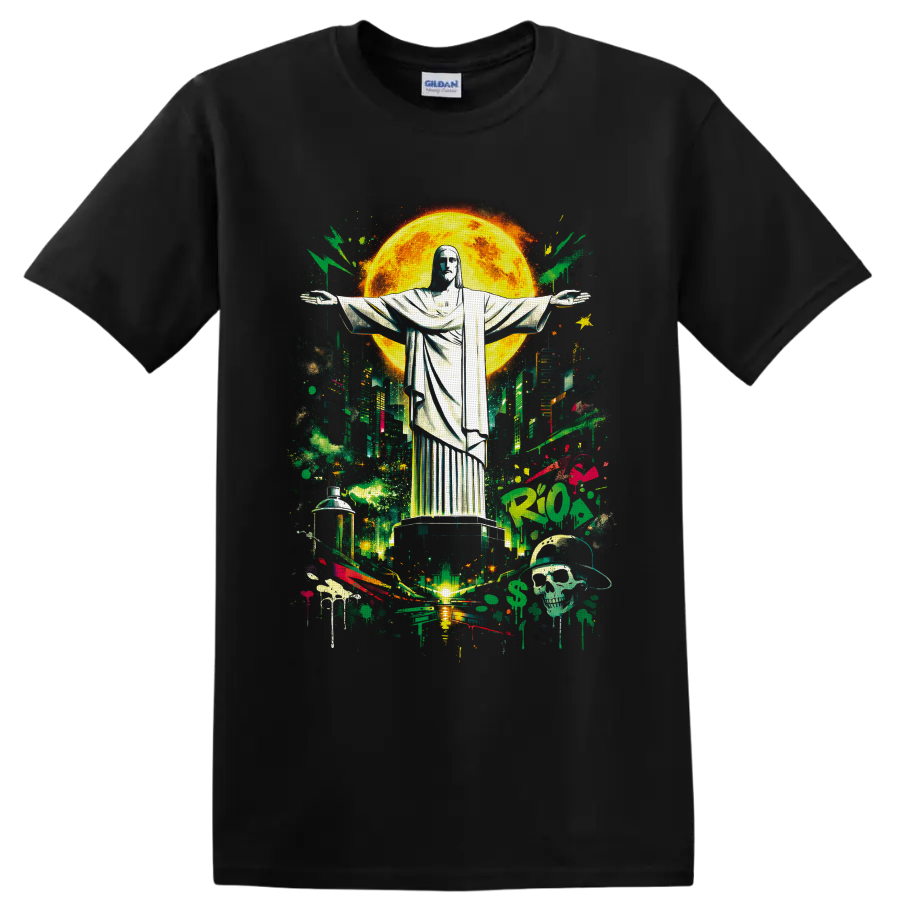 Christ the Redeemer over Rio skyline in neon graffiti art with a glowing moon on a Black T Shirt