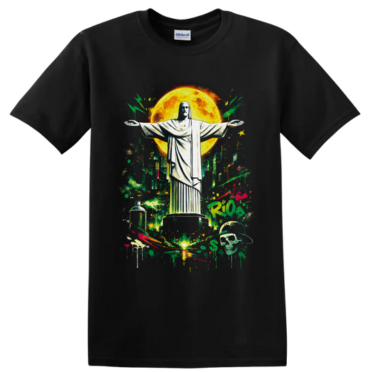 Christ the Redeemer over Rio skyline in neon graffiti art with a glowing moon on a Black T Shirt