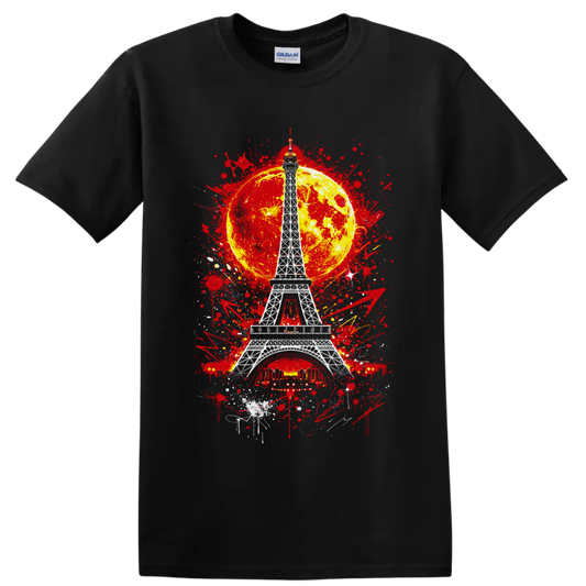 White Eiffel Tower with yellow moon and red graffiti splatter artwork on a Black T Shirt
