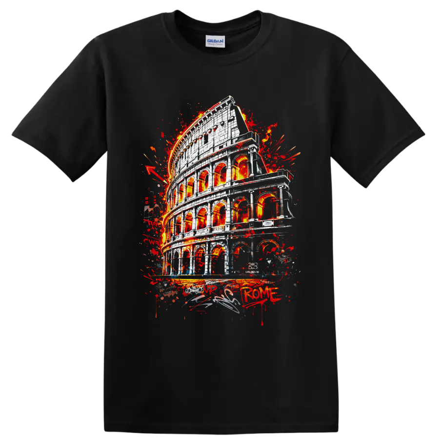 Roman Colosseum in fiery red graffiti-inspired architectural artwork on a Black T Shirt