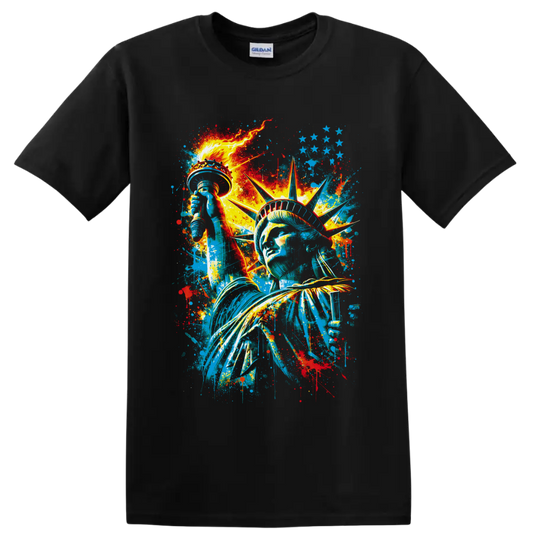 Statue of Liberty graffiti-style portrait with torch, stars, and paint splatters on a Black T Shirt