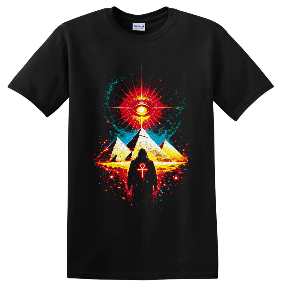 Mystical Egyptian-inspired pyramids, radiant eye, ankh figure, and cosmic splatter art on a Black T Shirt