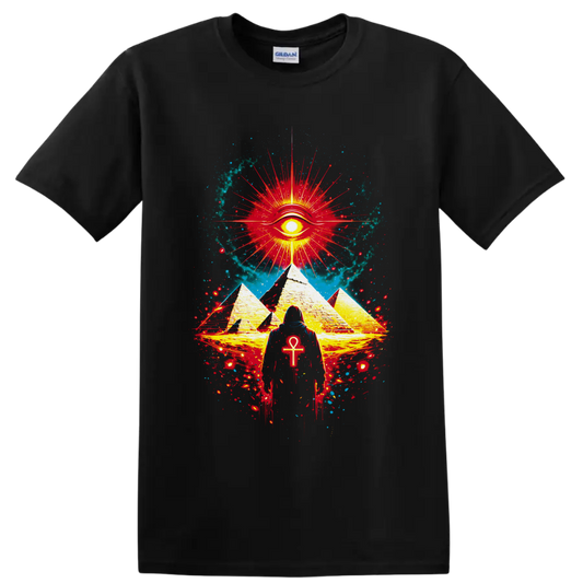 Mystical Egyptian-inspired pyramids, radiant eye, ankh figure, and cosmic splatter art on a Black T Shirt