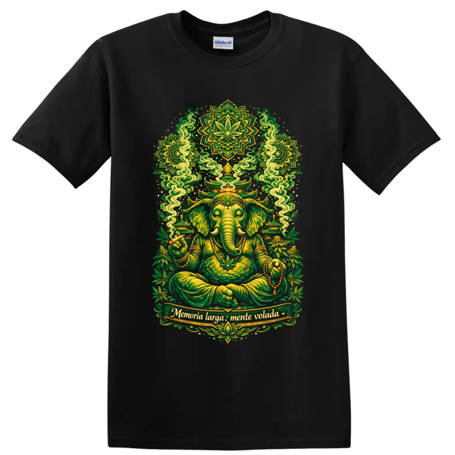 Psychedelic Ganesha meditation art with hemp leaves, temples, smoke, and green mandalas on a Black T Shirt