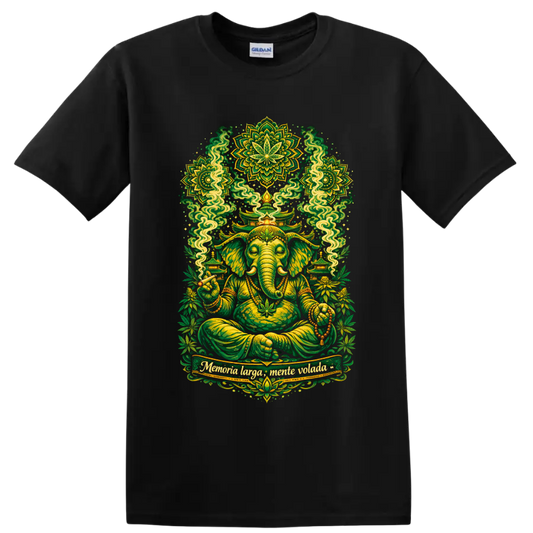 Psychedelic Ganesha meditation art with hemp leaves, temples, smoke, and green mandalas on a Black T Shirt