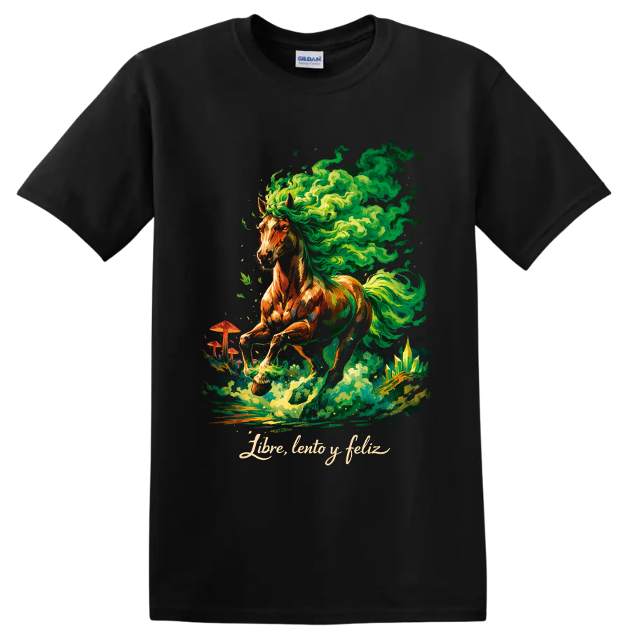 Psychedelic horse with swirling green smoke, mushrooms, crystals, and Libre, lento y feliz on a Black T Shirt