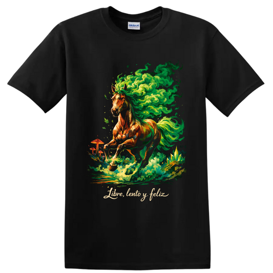 Psychedelic horse with swirling green smoke, mushrooms, crystals, and Libre, lento y feliz on a Black T Shirt