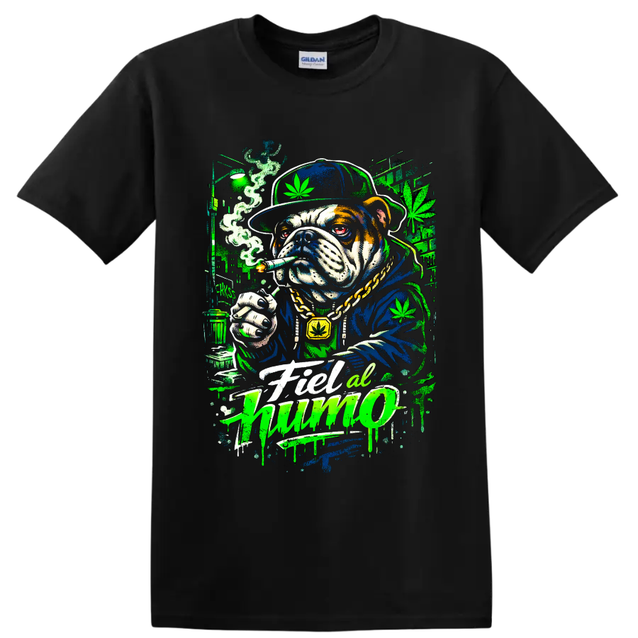 Cannabis bulldog smoking a joint in neon graffiti street art with Fiel al humo text on a Black T Shirt
