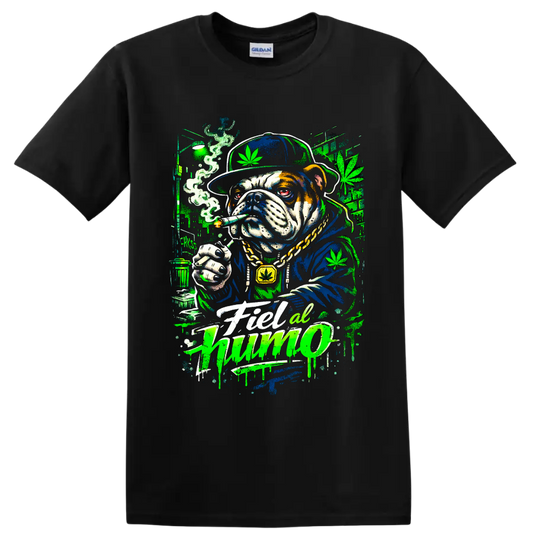 Cannabis bulldog smoking a joint in neon graffiti street art with Fiel al humo text on a Black T Shirt