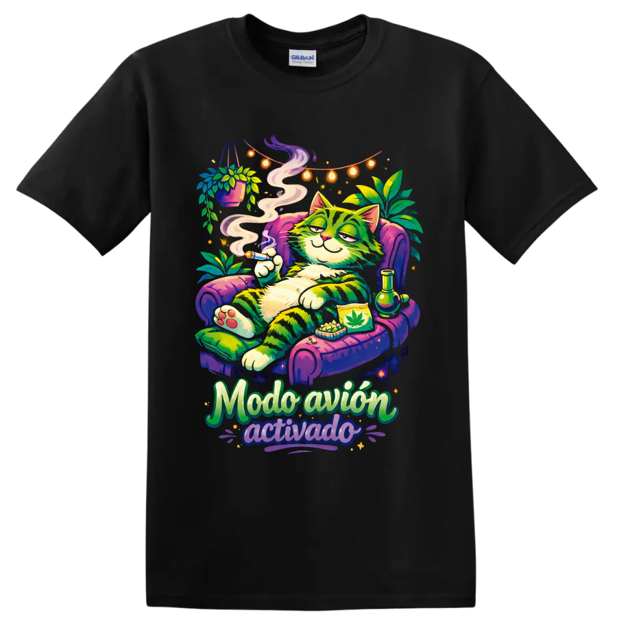Psychedelic cannabis cat lounging with smoke, plants, and Modo avión activado text on a Black T Shirt