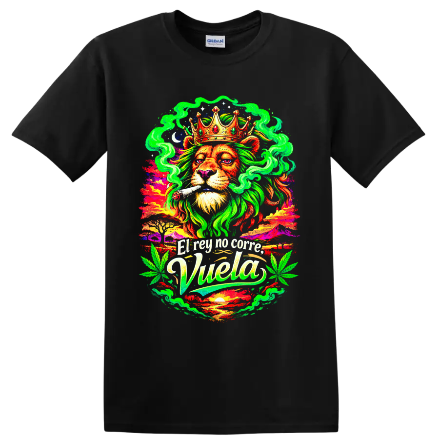 Psychedelic crowned lion with joint, cannabis leaves, smoke, and High Life text on a Black T Shirt