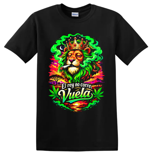 Psychedelic crowned lion with joint, cannabis leaves, smoke, and High Life text on a Black T Shirt
