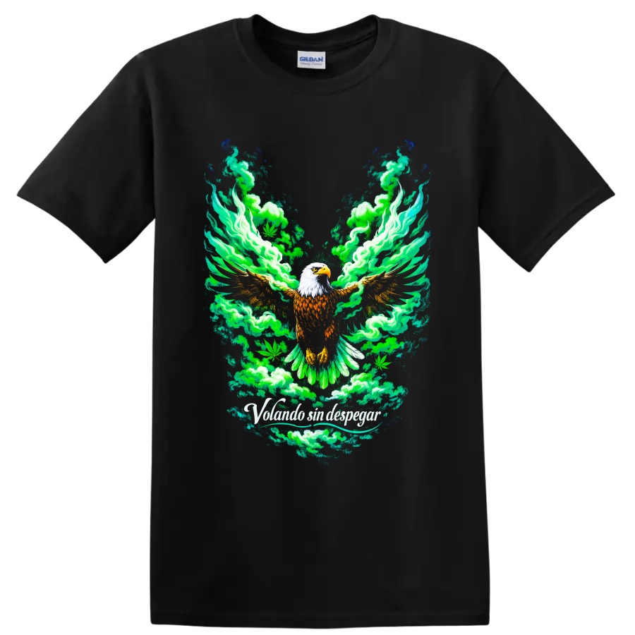 Bald eagle with green smoke and cannabis leaves in a psychedelic graphic illustration on a Black T Shirt