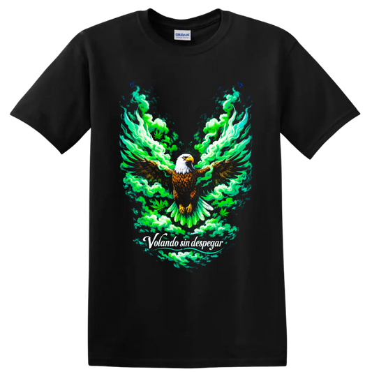 Bald eagle with green smoke and cannabis leaves in a psychedelic graphic illustration on a Black T Shirt