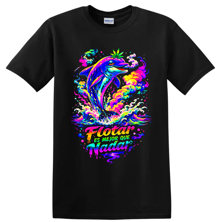 Psychedelic dolphin leaping through neon waves with a cannabis leaf on a Black T Shirt