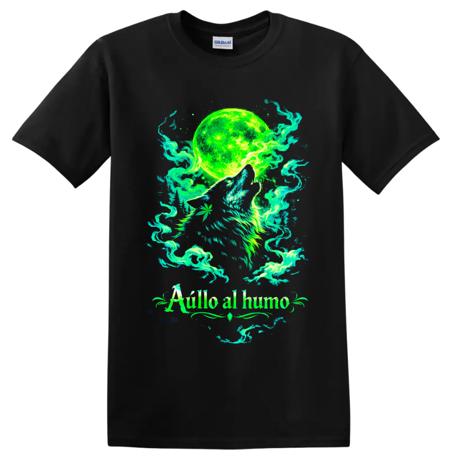 Psychedelic howling wolf beneath a neon green moon with swirling cannabis smoke on a Black T Shirt
