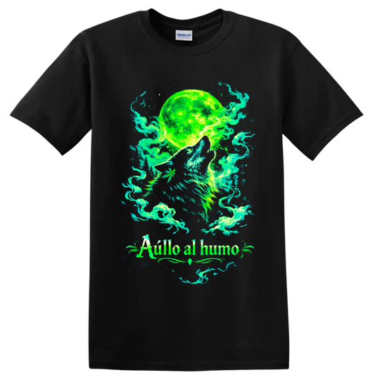 Psychedelic howling wolf beneath a neon green moon with swirling cannabis smoke on a Black T Shirt