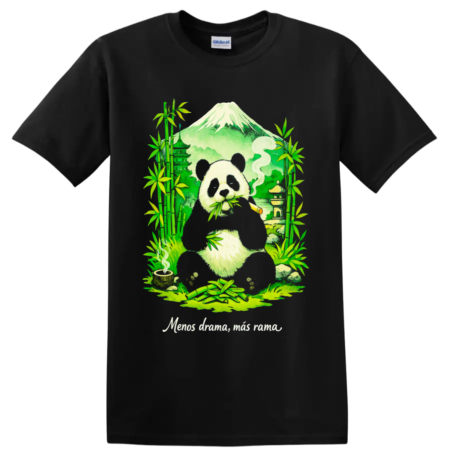 Cannabis panda illustration with bamboo, pagoda, mountain, and rolled smoke on a Black T Shirt